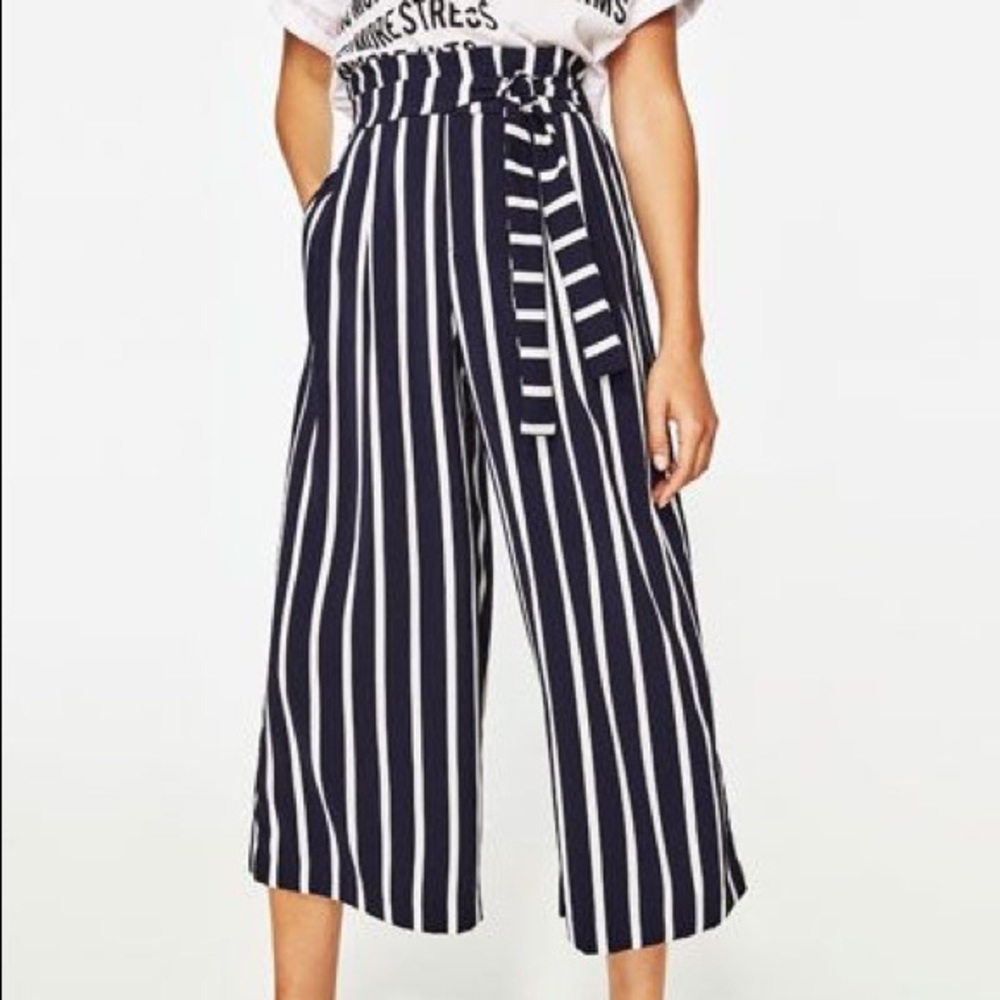 Zara Dark Navy Striped Wide Leg Pants